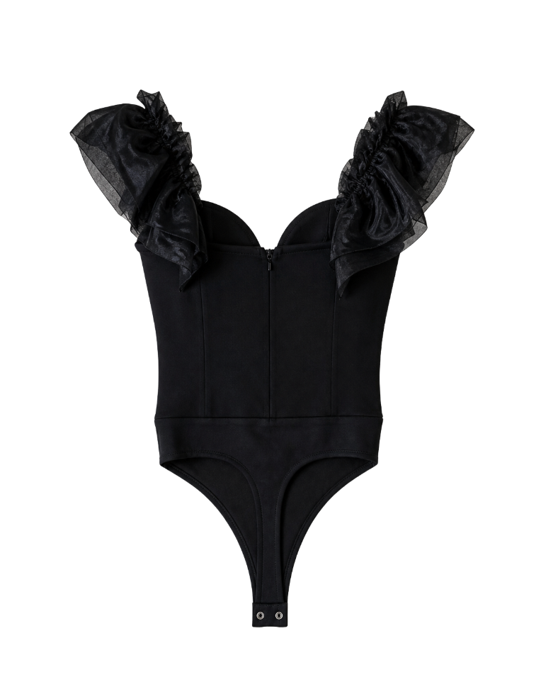 Black Ruffle Strap Bodysuit - 26430