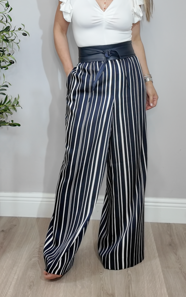 High-Waist Vertical Striped Wide-Leg Trousers - 34482