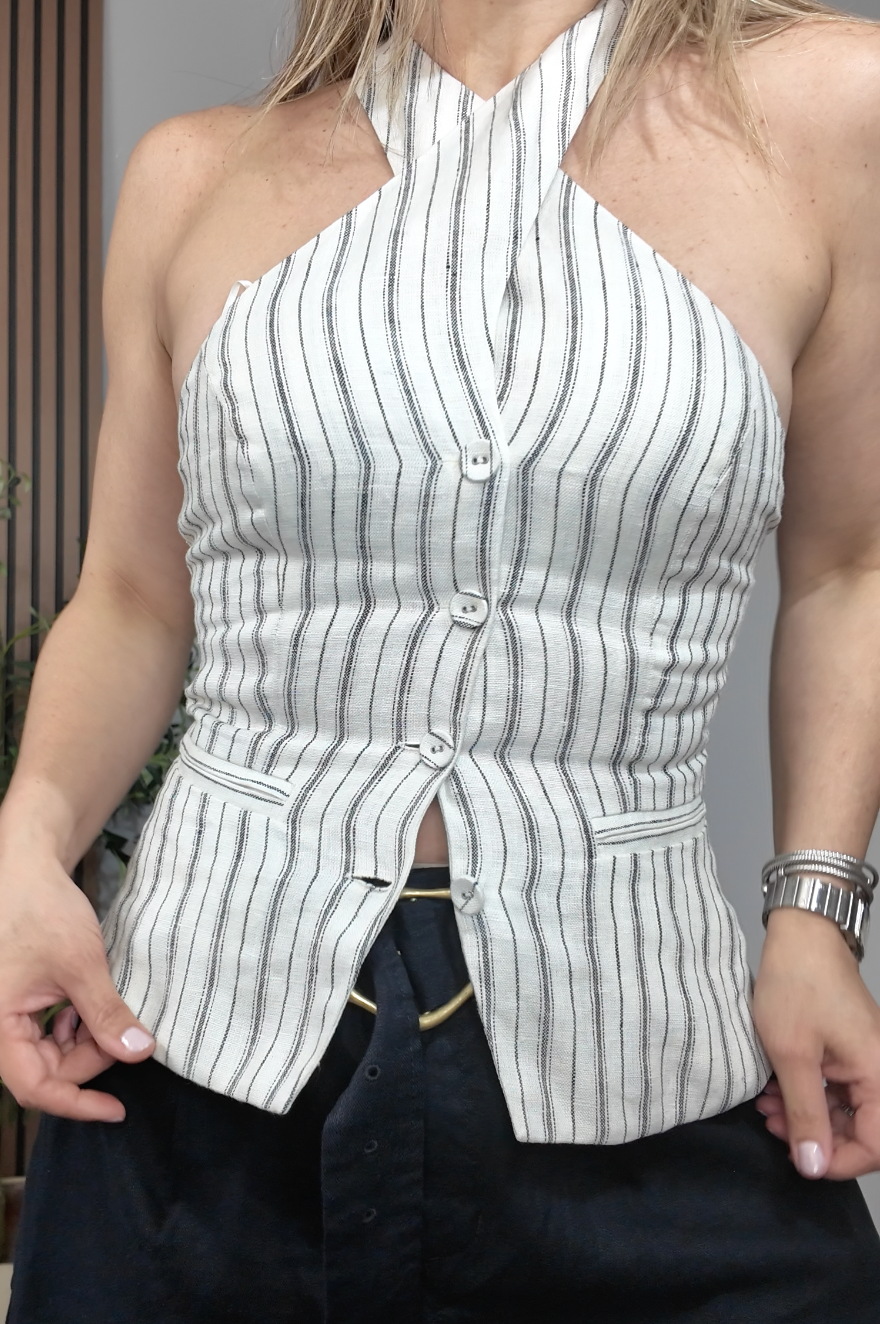 Striped Halter-Neck Tailored Vest Blouse - 34424