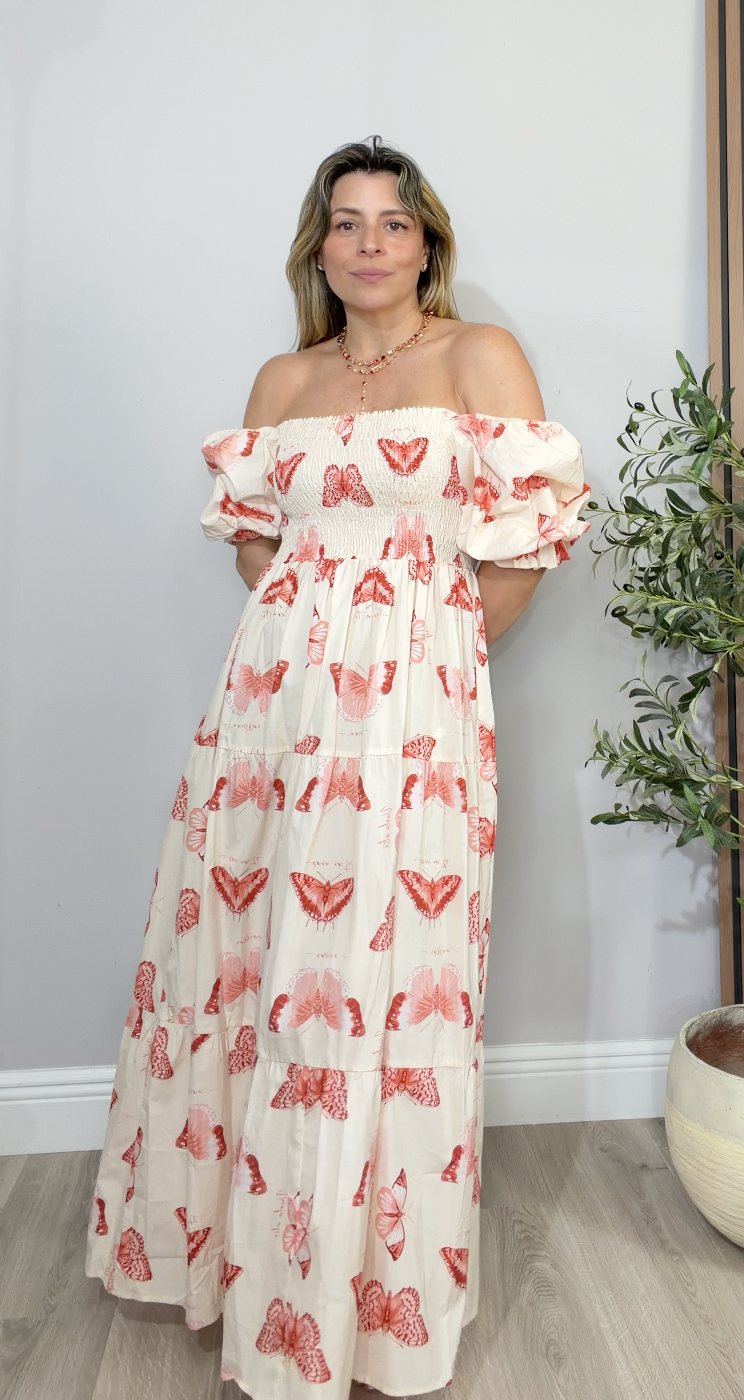 Butterfly Print Smocked Maxi Dress - 34554