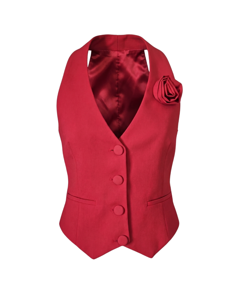 Ravishing Red Waistcoat with Satin Lining and Rose Detail - 33399