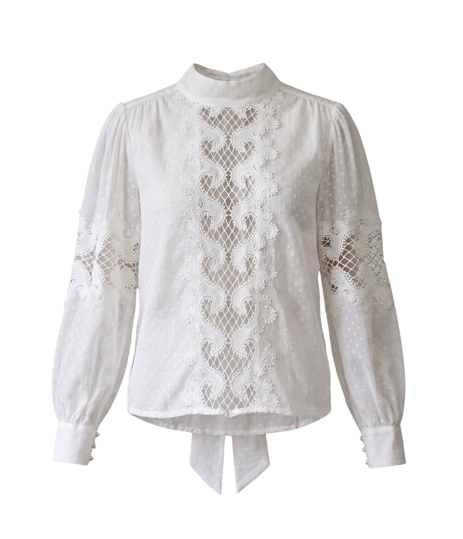 Elegant Vintage Lace and Swiss Dot Mock Neck Blouse in White - 31817