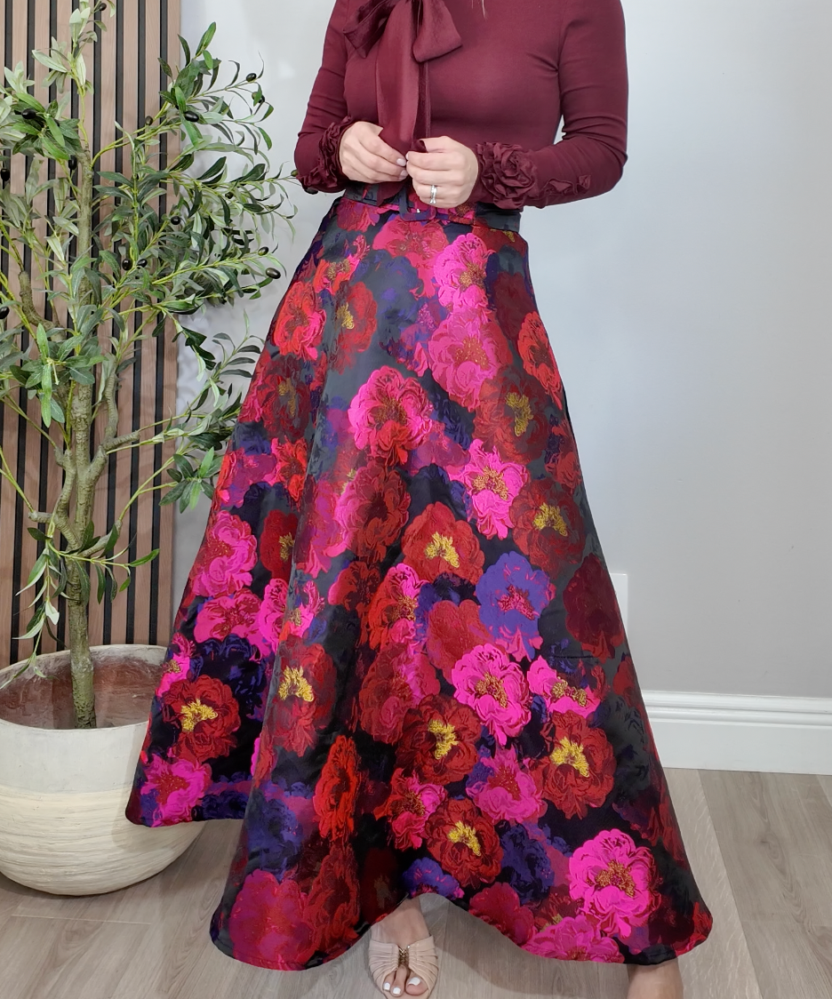 Vibrant Floral Brocade Maxi Skirt - 34717