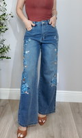 High-Waisted Wide-Leg Embroidered Jeans - 34729