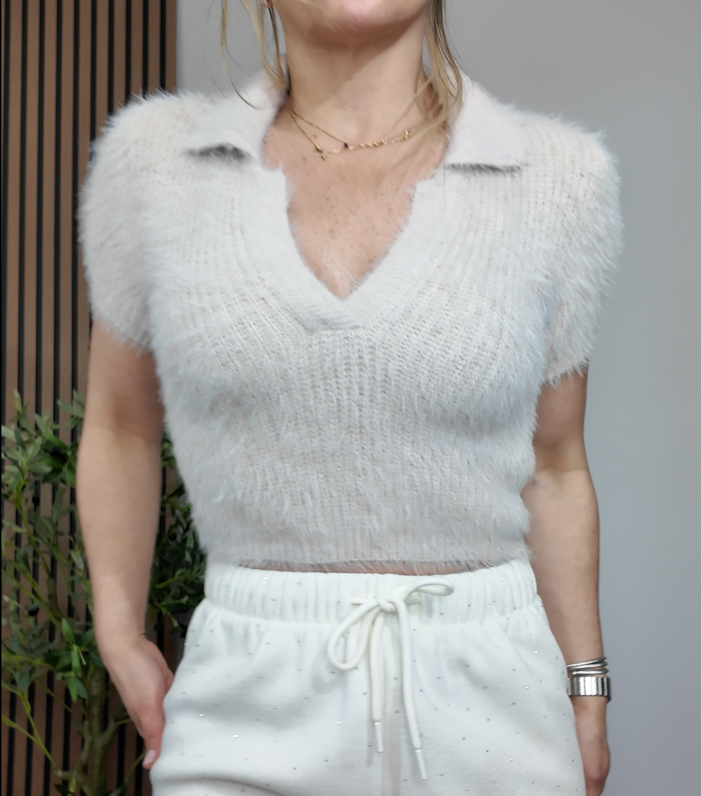 Fuzzy Collared Knit Top - 34585