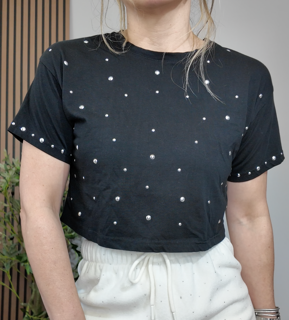 Embellished Cropped Black T-Shirt - 34527