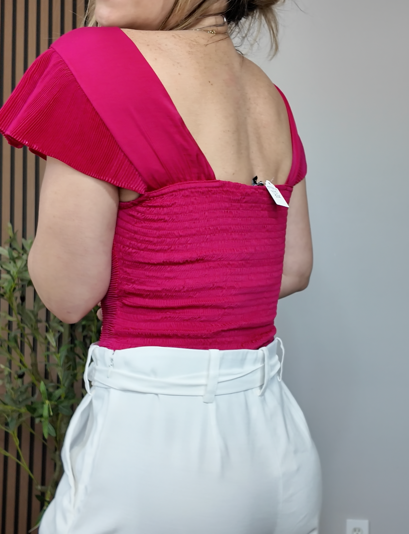 Pleated V-Neck Bodysuit in Magenta - 34414