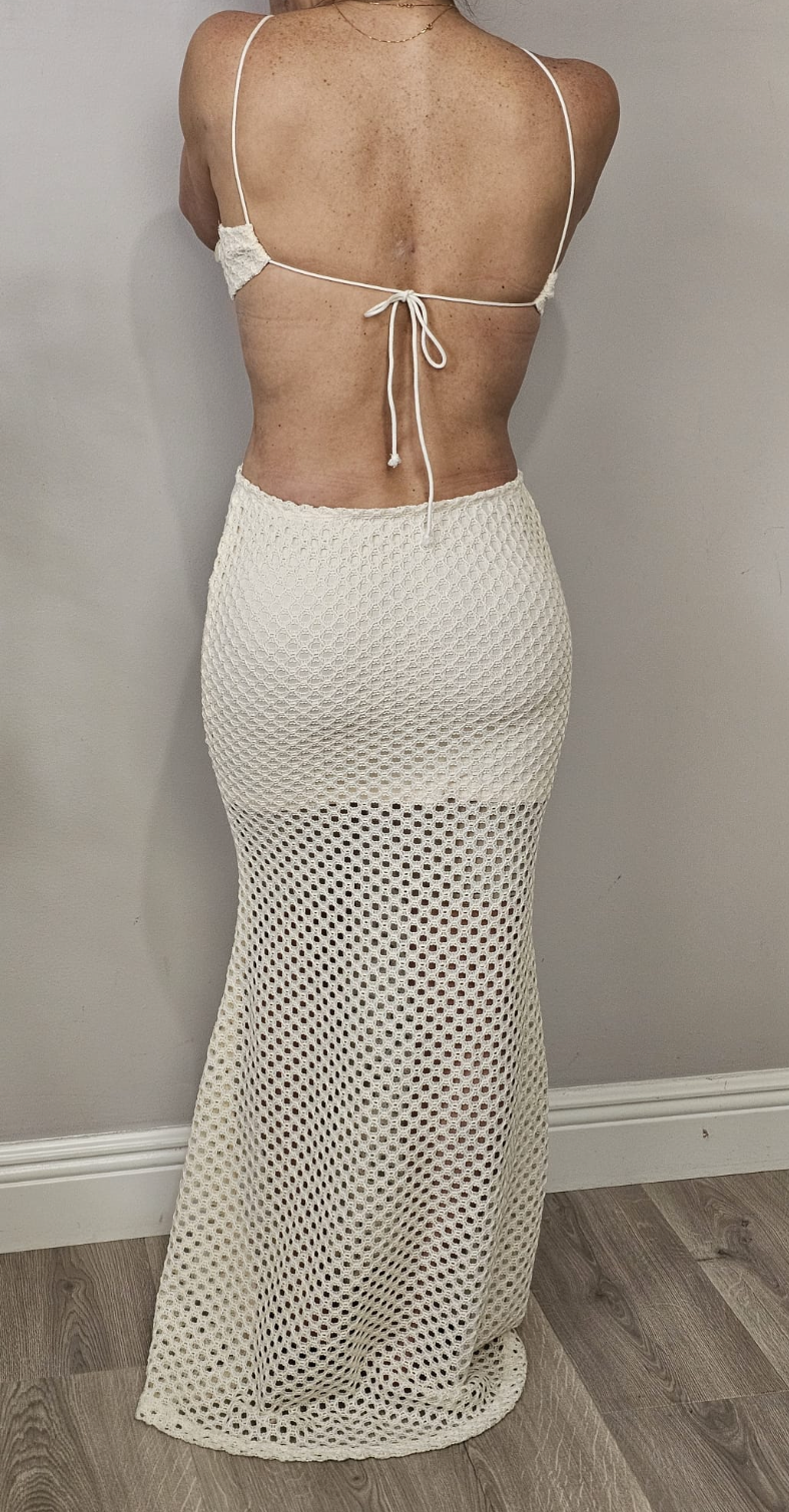 Sequin-Embellished Cut-Out Crochet Maxi Dress – Ivory - 32485