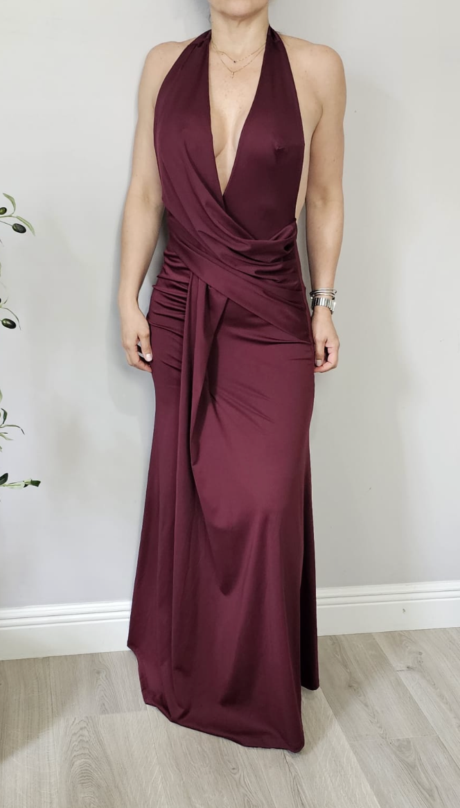 Halter Draped Gown – Burgundy - 31547