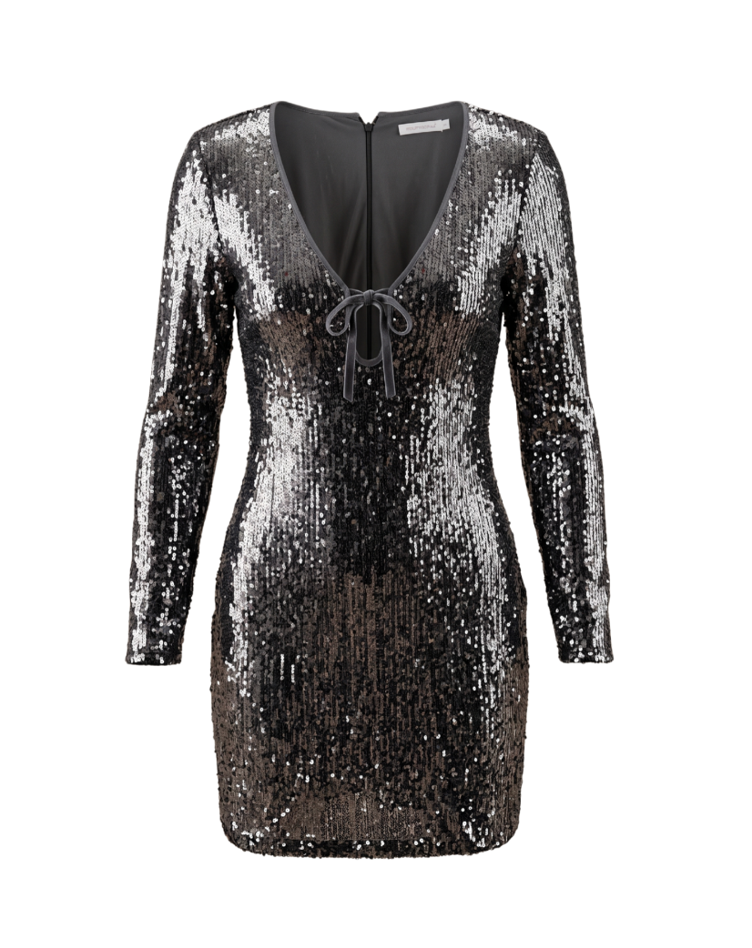 Shimmering Charcoal and Silver Sequined Long-Sleeve Mini Dress - 30423