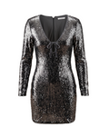 Shimmering Charcoal and Silver Sequined Long-Sleeve Mini Dress - 30423