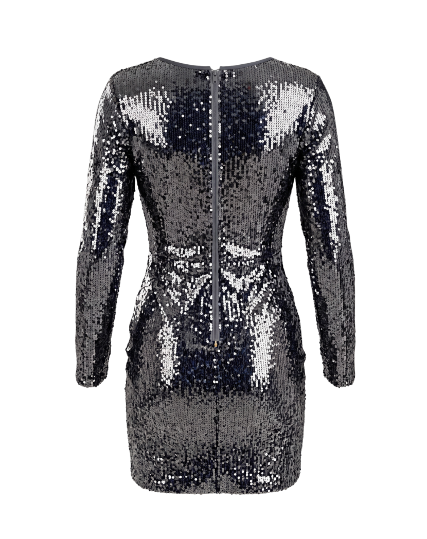 Shimmering Charcoal and Silver Sequined Long-Sleeve Mini Dress - 30423