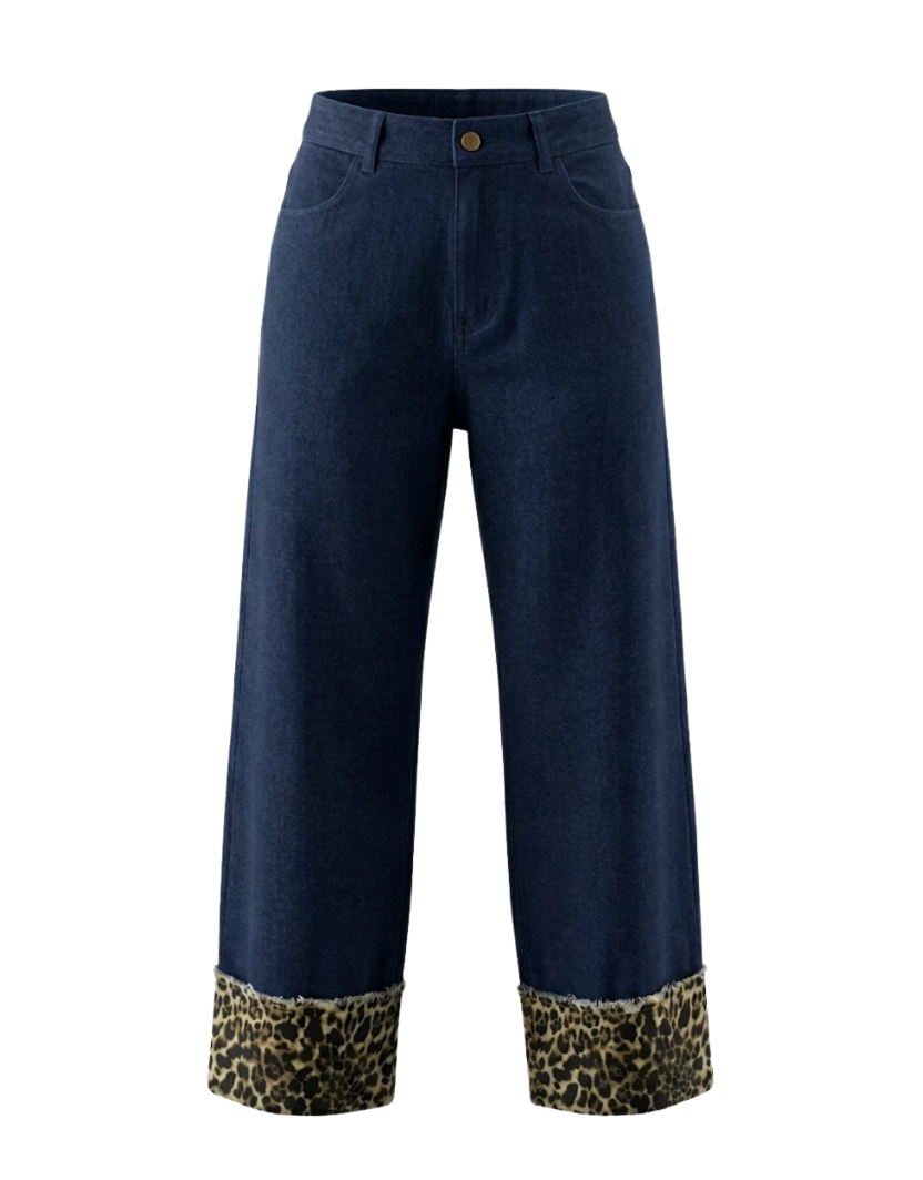 Leopard-Cuffed Wide-Leg Jeans - 31520