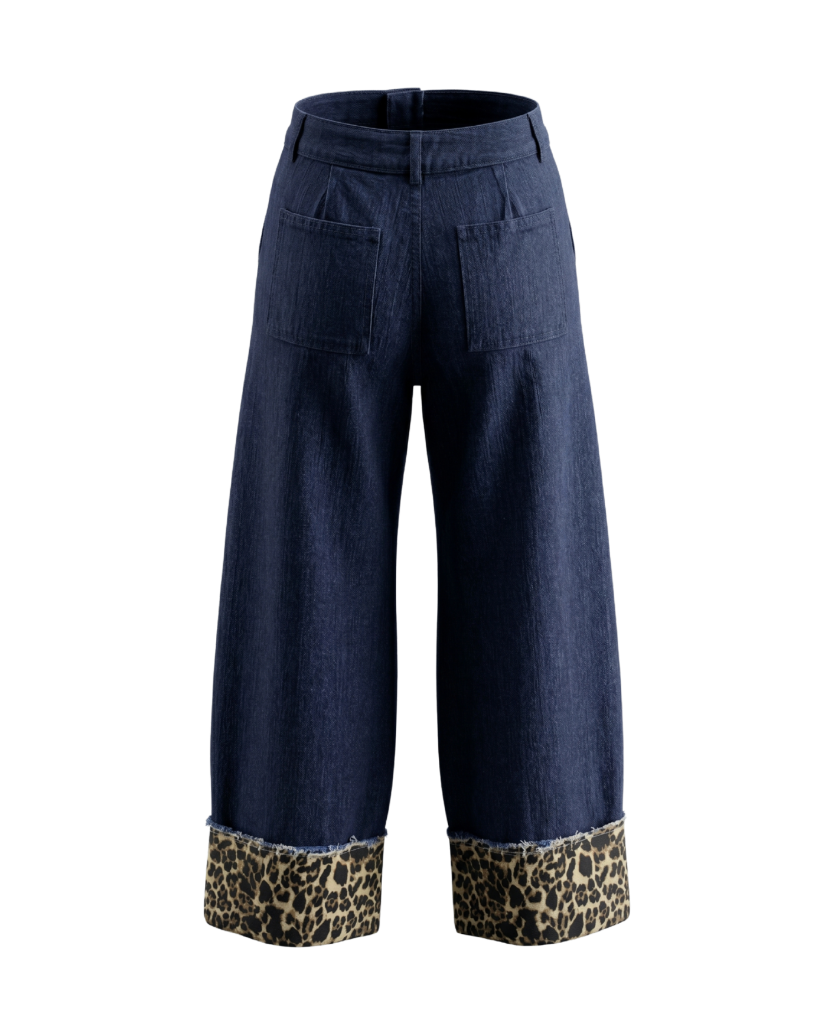 Leopard-Cuffed Wide-Leg Jeans - 31520