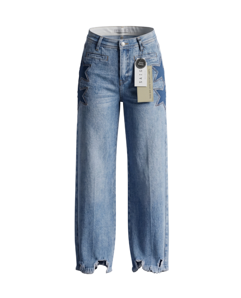 Star Patch Distressed Wide-Leg Jeans - 32638