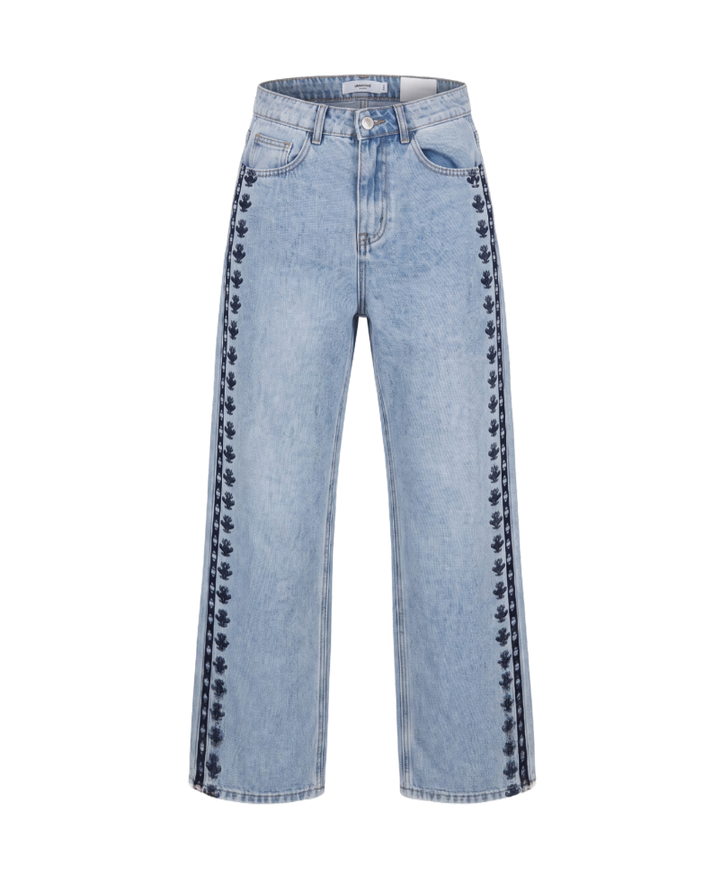 Embroidered Side-Stripe Wide Leg Jeans - 27896