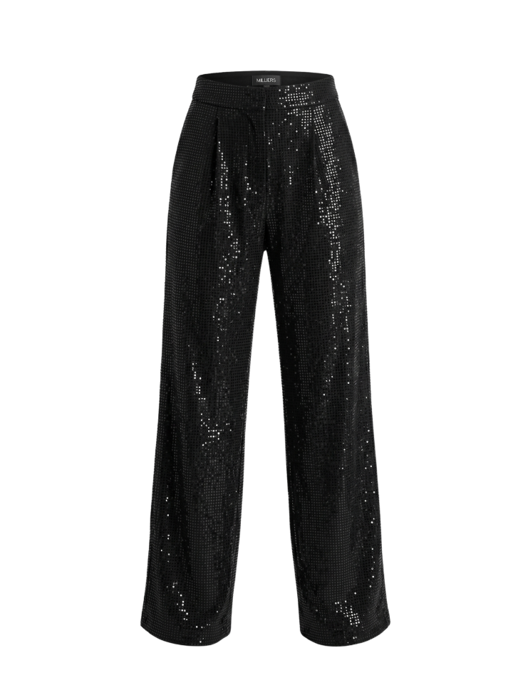 Sparkling Black High-Waist Wide-Leg Sequin Trouser - 32348