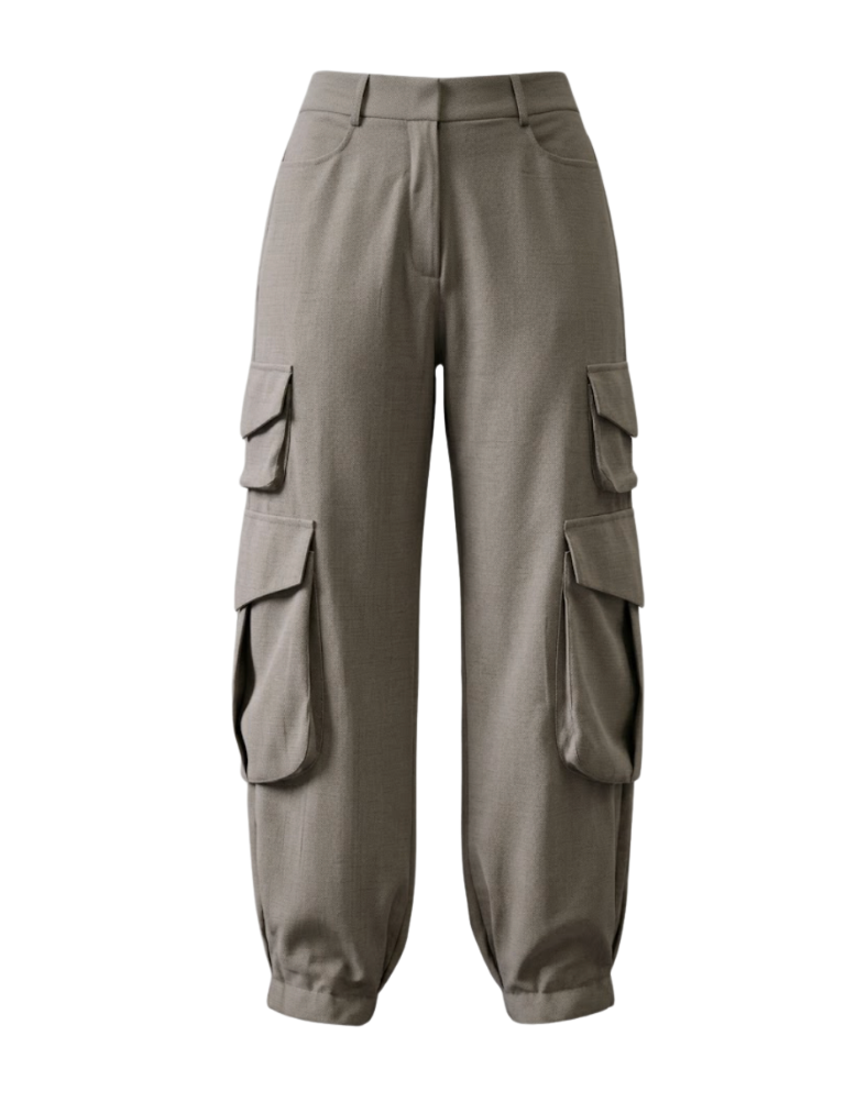 High-Waist Textured Utility Cargo Pants - 32173