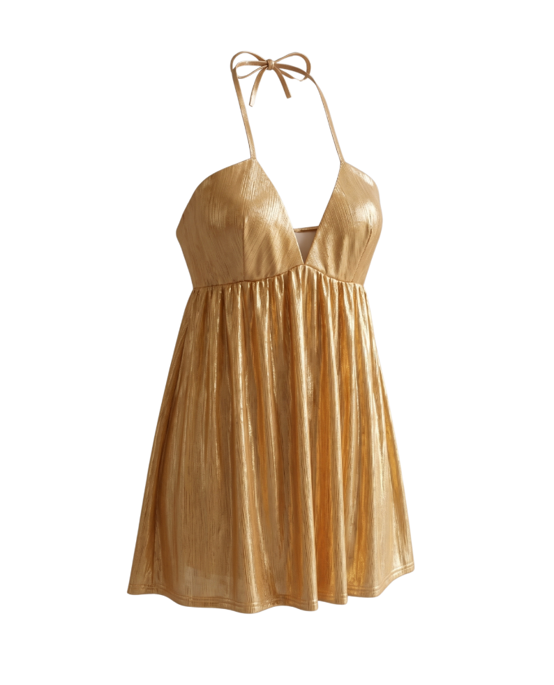 Metallic Gold Halter Neck Mini Dress - 12852