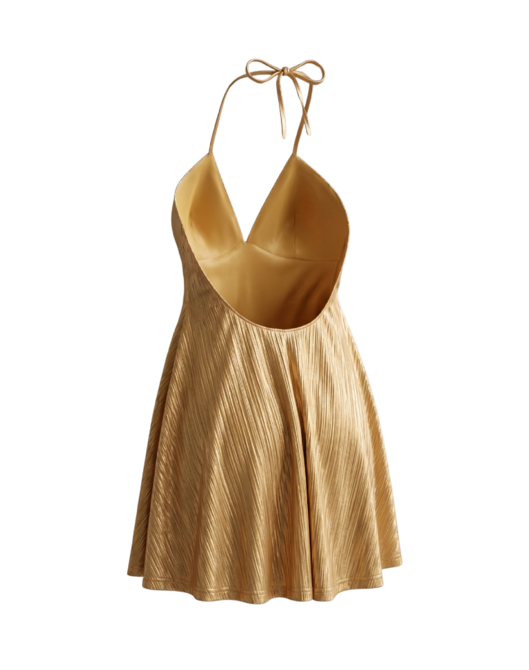 Metallic Gold Halter Neck Mini Dress - 12852