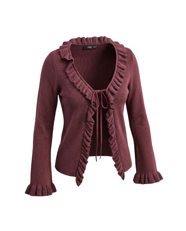Ruffled Knit Cardigan in Deep Plum - 32525