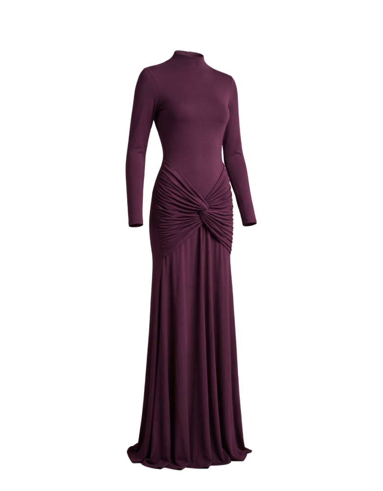 Ruched Twist Maxi Dress in Deep Plum - 32028