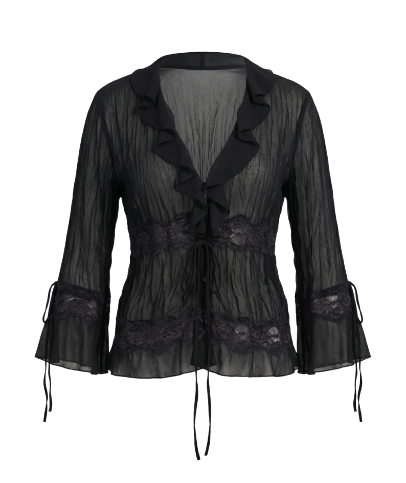 Vintage-Inspired Ruffled Lace Blouse in Black - 30503