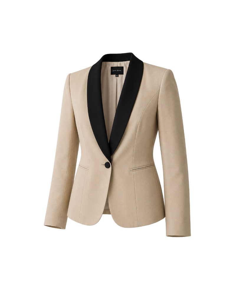 Beige Tailored Blazer with Black Shawl Lapel - 33679