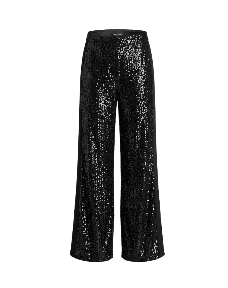 Black Sequin Wide-Leg Pants with Side Stripes - 31412