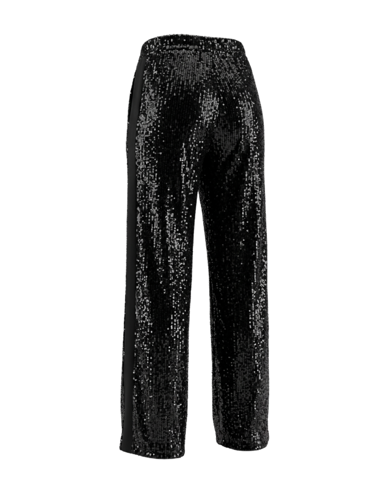 Black Sequin Wide-Leg Pants with Side Stripes - 31412