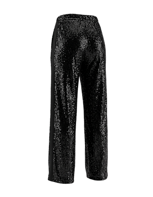 Black Sequin Wide-Leg Pants with Side Stripes - 31412