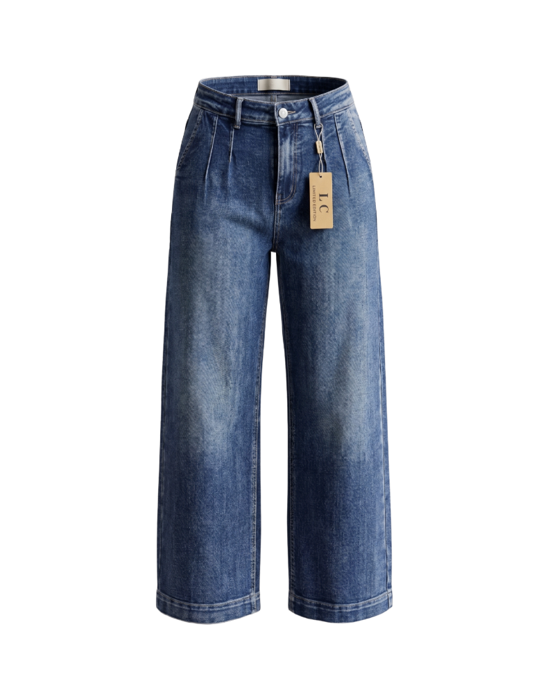 Wide-Leg Pleated Denim Jeans - 32611