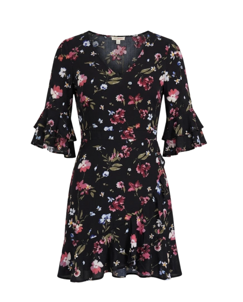 Floral Faux-Wrap Mini Dress with Ruffle Details - 954