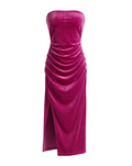 Magenta Velvet Ruched Strapless Midi Dress - 12509