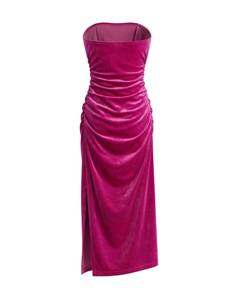 Magenta Velvet Ruched Strapless Midi Dress - 12509