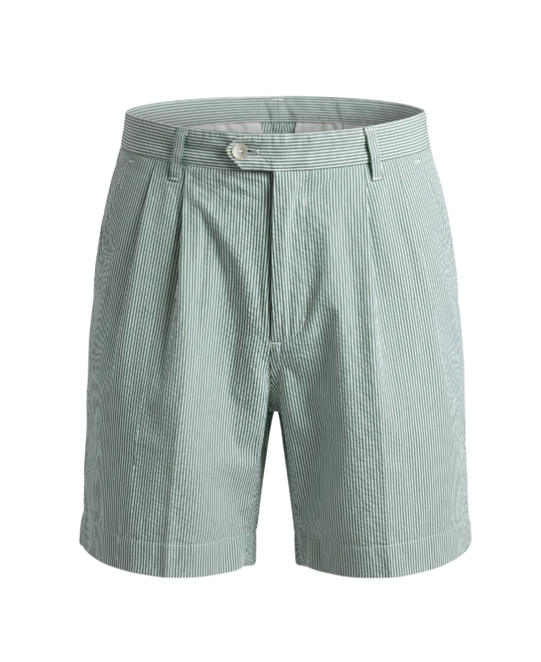 Sage Green Seersucker Striped Pleated Shorts - 31467
