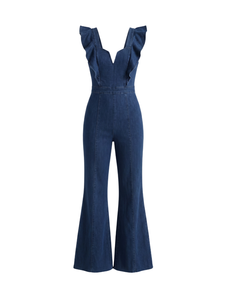 Dark Wash Denim Ruffle Jumpsuit - 30703