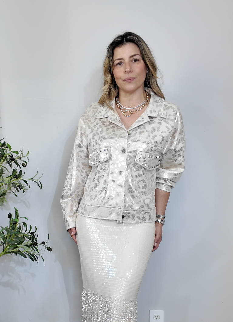 Metallic Silver Leopard Studded Jacket - 34762
