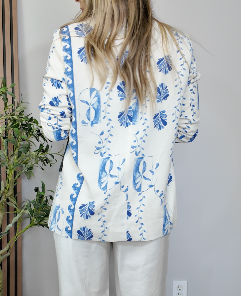 Cream and Blue Mediterranean Printed Blazer - 34871
