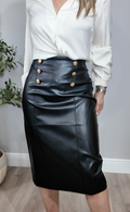 Elegant Faux Leather Midi Skirt with Gold Button Detail - 34630
