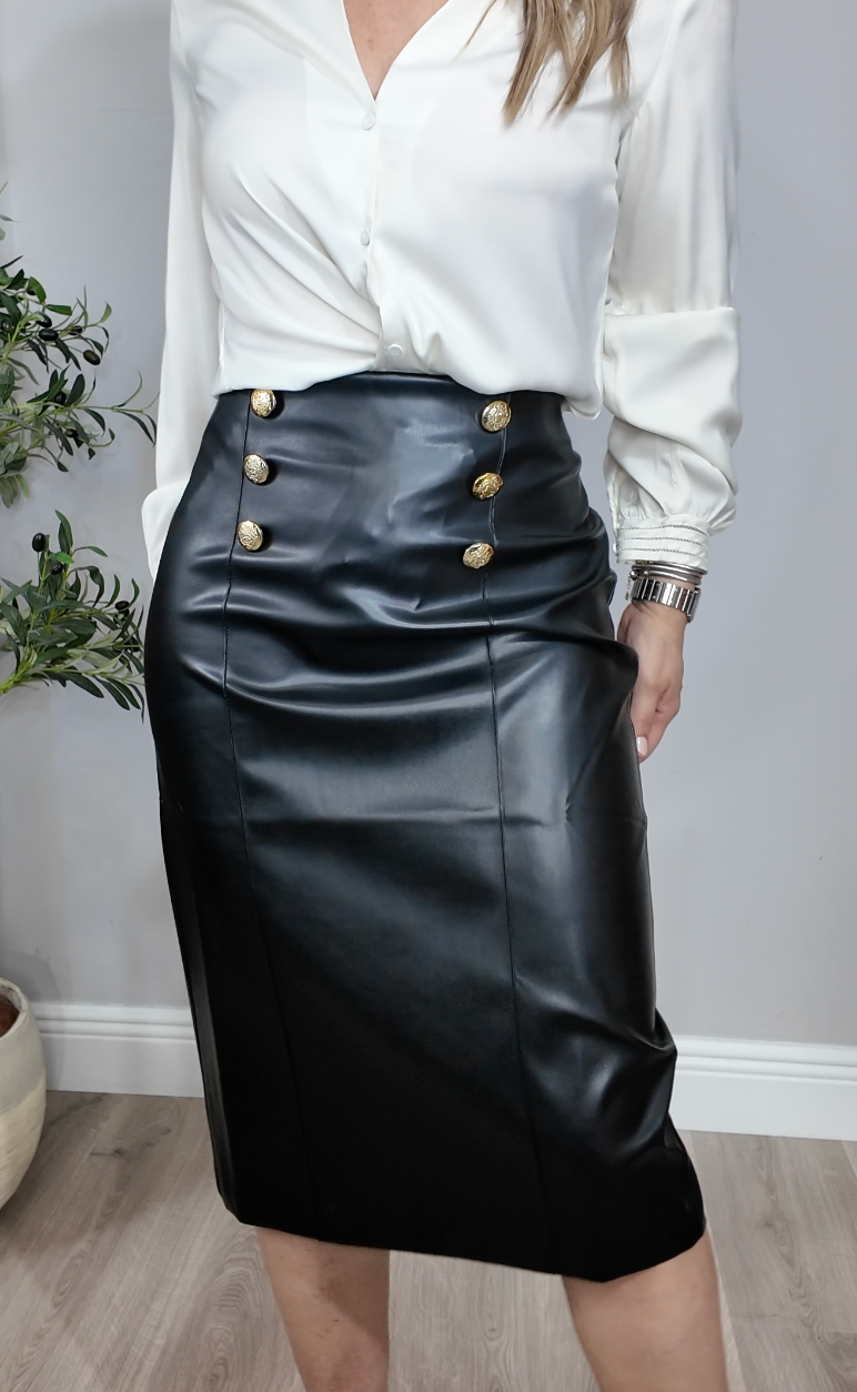 Elegant Faux Leather Midi Skirt with Gold Button Detail - 34630