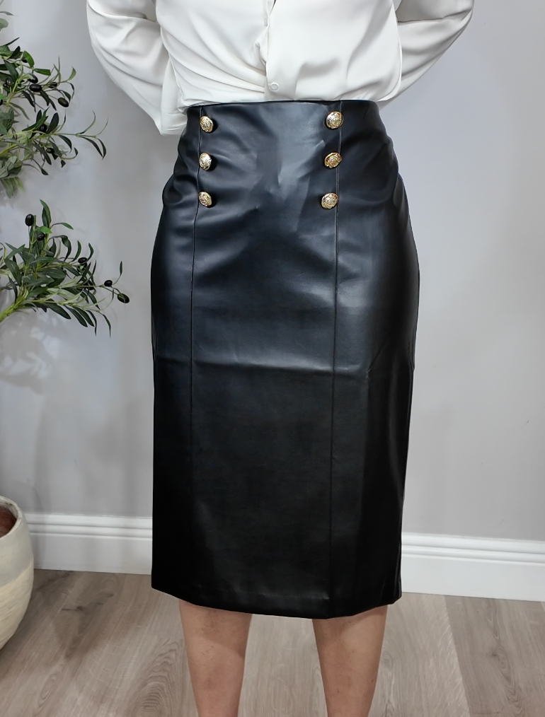 Elegant Faux Leather Midi Skirt with Gold Button Detail - 34630