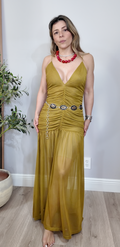 Chic Ruched Mustard Maxi Dress - 34864