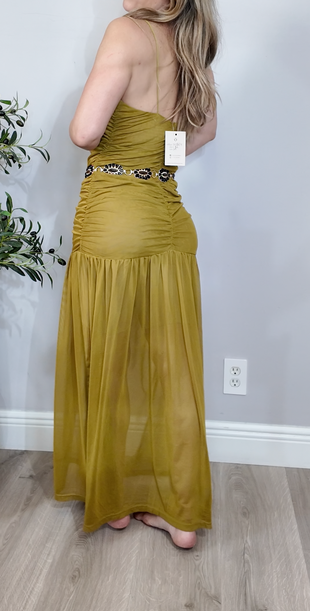 Chic Ruched Mustard Maxi Dress - 34864