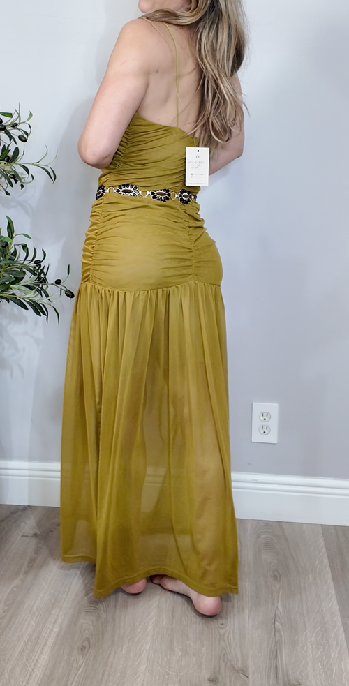 Chic Ruched Mustard Maxi Dress - 34864