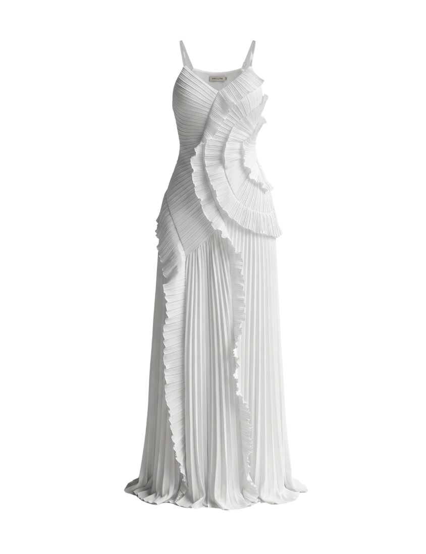 White Pleated Maxi Dress - 34779