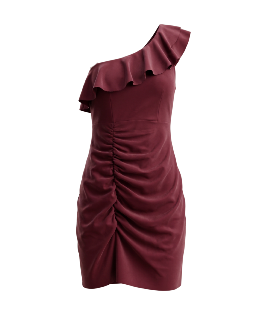 Burgundy One-Shoulder Ruffle Mini Dress - 34601