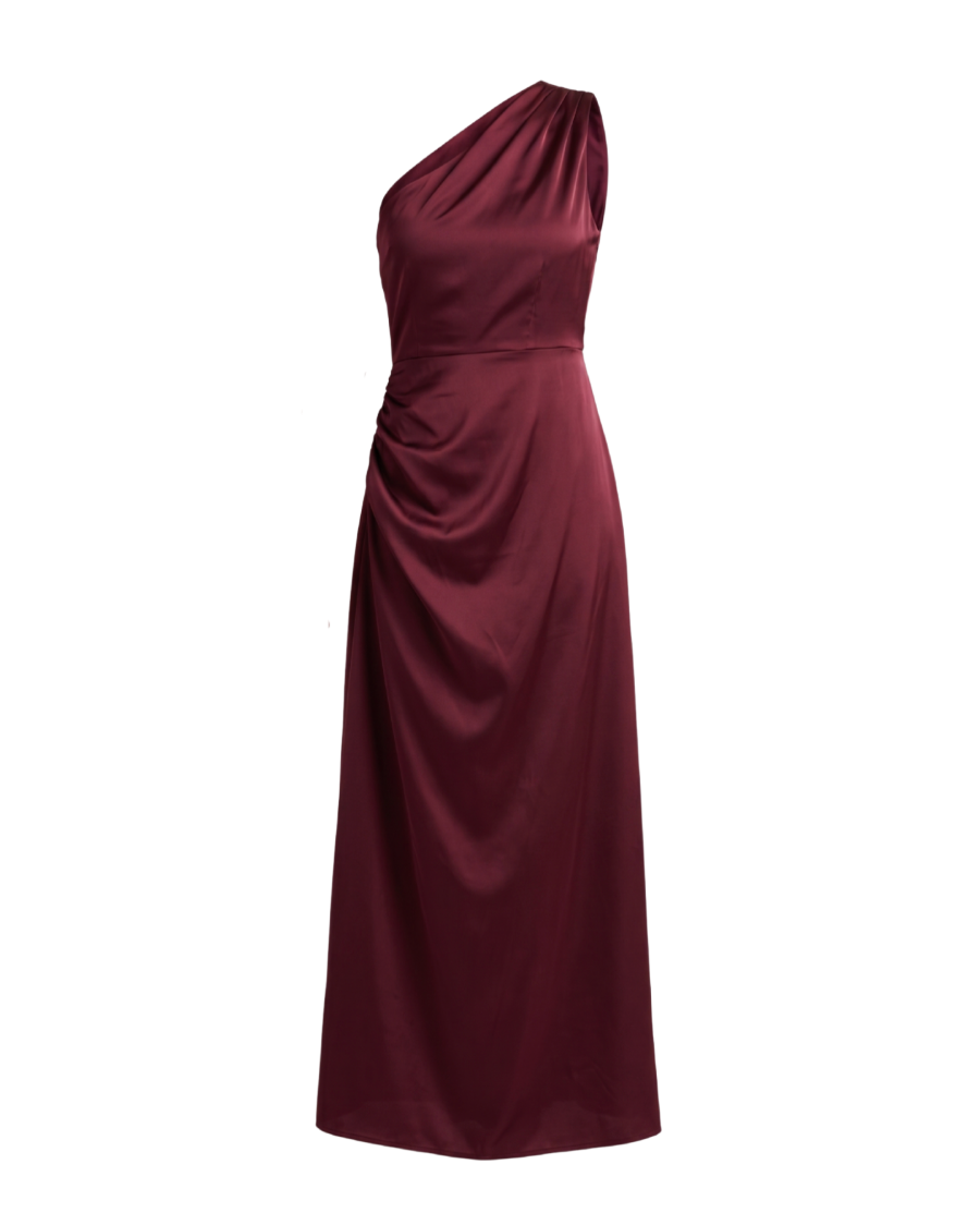 Burgundy One-Shoulder Satin Maxi Dress - 34584