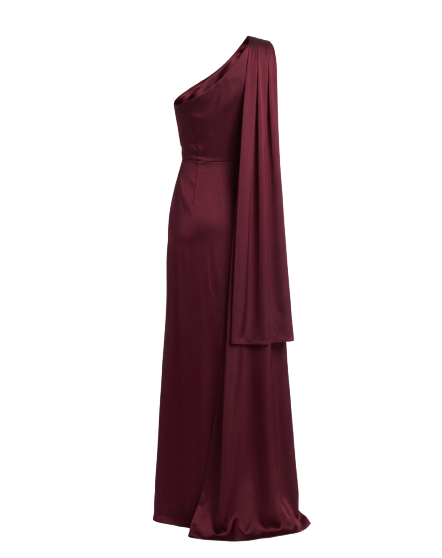 Burgundy One-Shoulder Satin Maxi Dress - 34584