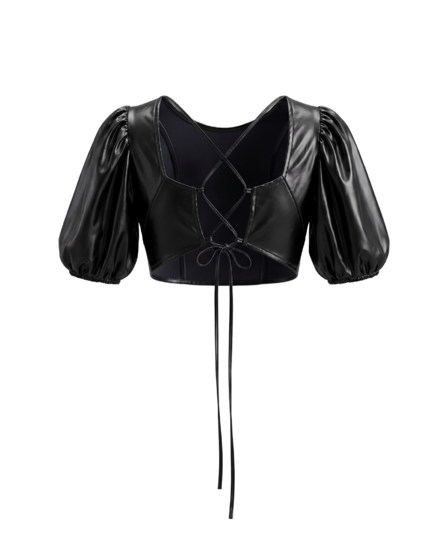 Faux Leather Puff Sleeve Backless Top - 22473